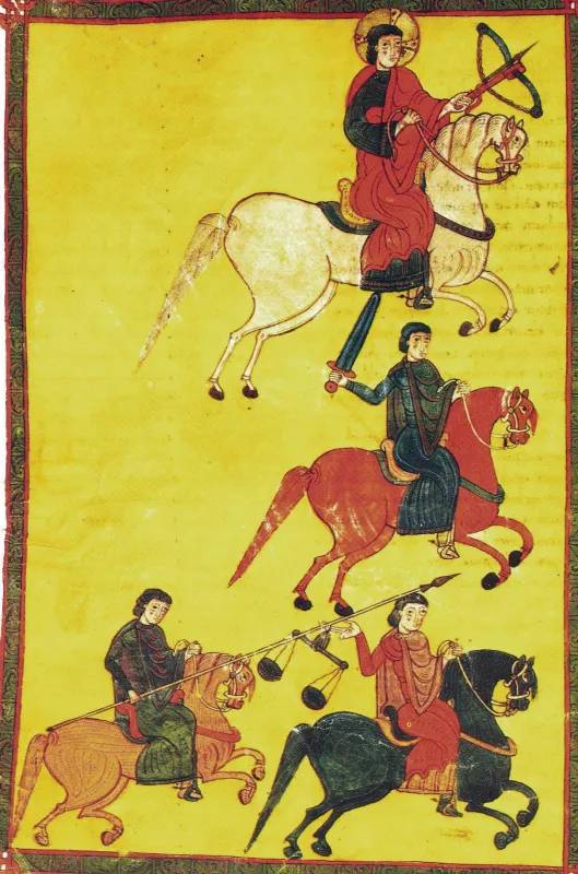 B_Osma_85v (Foto: zVg): Die vier Reiter der Offenbarung, Beatusvon- Osma-Codex, 11. Jahrhundert